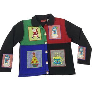 Vintage Onque Casuals Women's Christmas‎ Cardigan Sweater Size Small Tree Santa